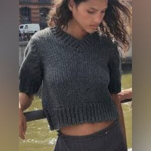 Zara Charcoal Gray V-Neck Chunky Short Sleeve Sweater
